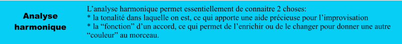 Analyse harmonique L’analyse harmonique permet essentiellement de connaitre 2 choses: * la tonalité dans laquelle on est, ce qui apporte une aide précieuse pour l’improvisation * la “fonction” d’un accord, ce qui permet de l’enrichir ou de le changer pour donner une autre “couleur” au morceau.