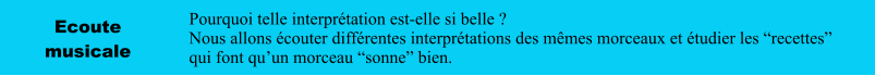 Ecoute musicale Pourquoi telle interprétation est-elle si belle ? Nous allons écouter différentes interprétations des mêmes morceaux et étudier les “recettes” qui font qu’un morceau “sonne” bien.