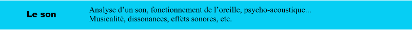 Le son Analyse d’un son, fonctionnement de l’oreille, psycho-acoustique... Musicalité, dissonances, effets sonores, etc.